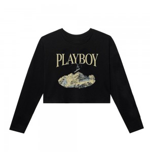 Dámské T-shirt Playboy x Color Bars Spiral Cropped Černé | PLBY-592910