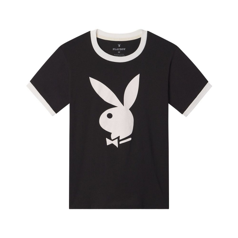 Pánské T-shirt Playboy Classic Ringer Černé | PLBY-593186