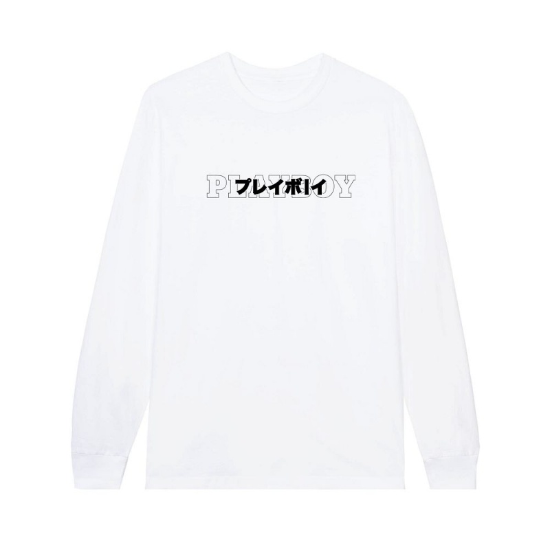 Pánské T-shirt Playboy Japanese Masthead Long Sleeve Bílé | PLBY-593155