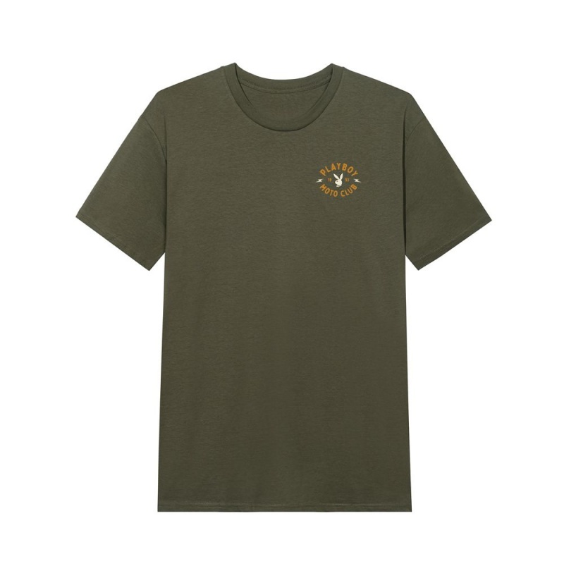 Pánské T-shirt Playboy Moto Club Olivy Zelené | PLBY-593247