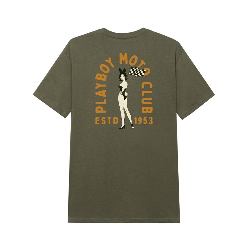 Pánské T-shirt Playboy Moto Club Olivy Zelené | PLBY-593247