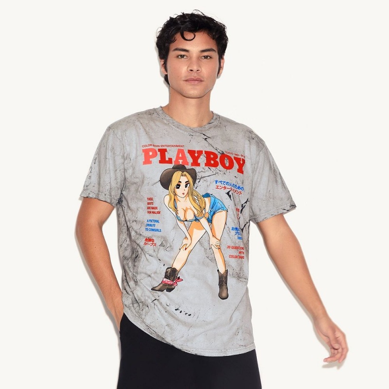 Pánské T-shirt Playboy Tokyo Club Cowgirl Tie-Dye Šedé | PLBY-593159