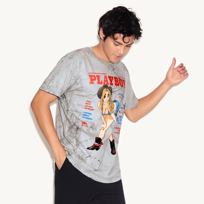 Pánské T-shirt Playboy Tokyo Club Cowgirl Tie-Dye Šedé | PLBY-593159